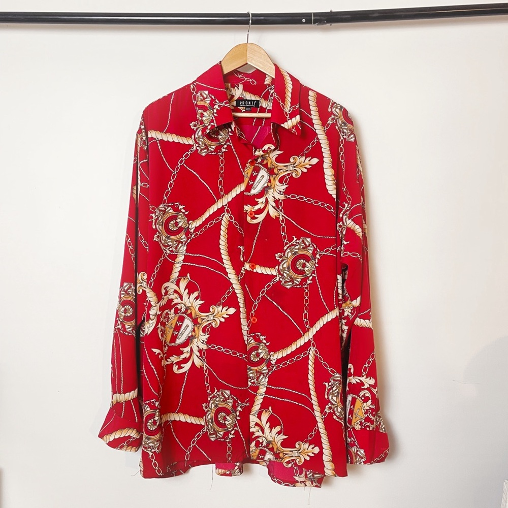 Pronti Red & Gold Rope Chain Chiffon Long Sleeve Button Down